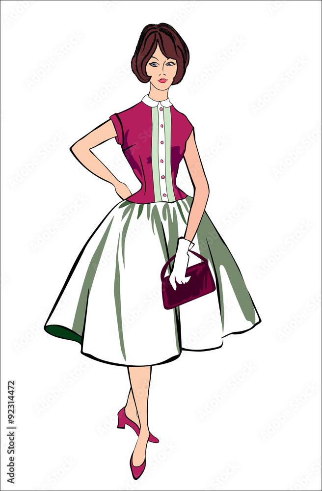 Fashion dress in retro 1960s style. Pretty woman with hand bag Retro Fashion Clip Art Fashion dress in retro 1960s style. Pretty woman with hand bag Retro Fashion Clip Art
