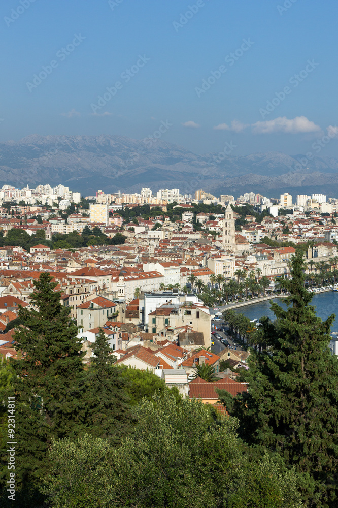 Naklejka premium View of Split's waterfront, historic old town and beyond from above in Croatia.