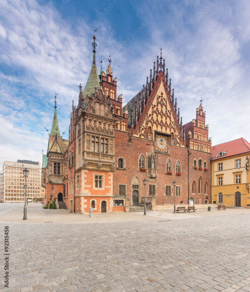 Gothic Town Hall in Wroclaw, Poland, early morning.