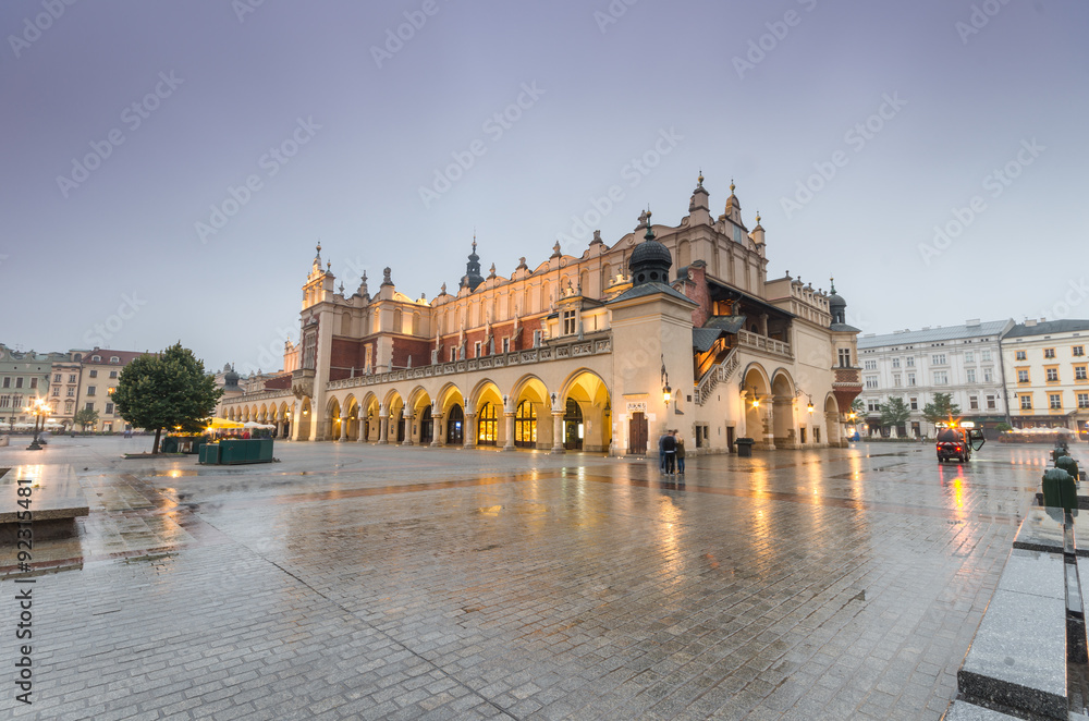 The Main Market Square in Krakow, Poland, with famous Sukiennice (Cloth hall) in the morning