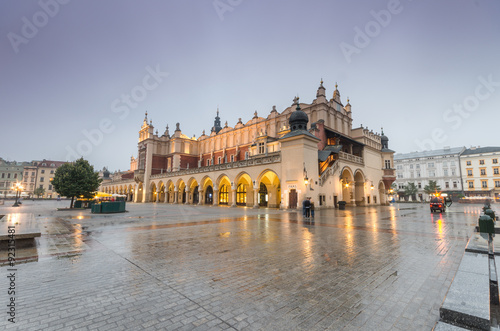 The Main Market Square in Krakow, Poland, with famous Sukiennice (Cloth hall) in the morning