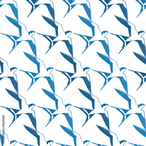 Vector Blue White Swallows Birds Geometric Seamless Pattern © Oksancia