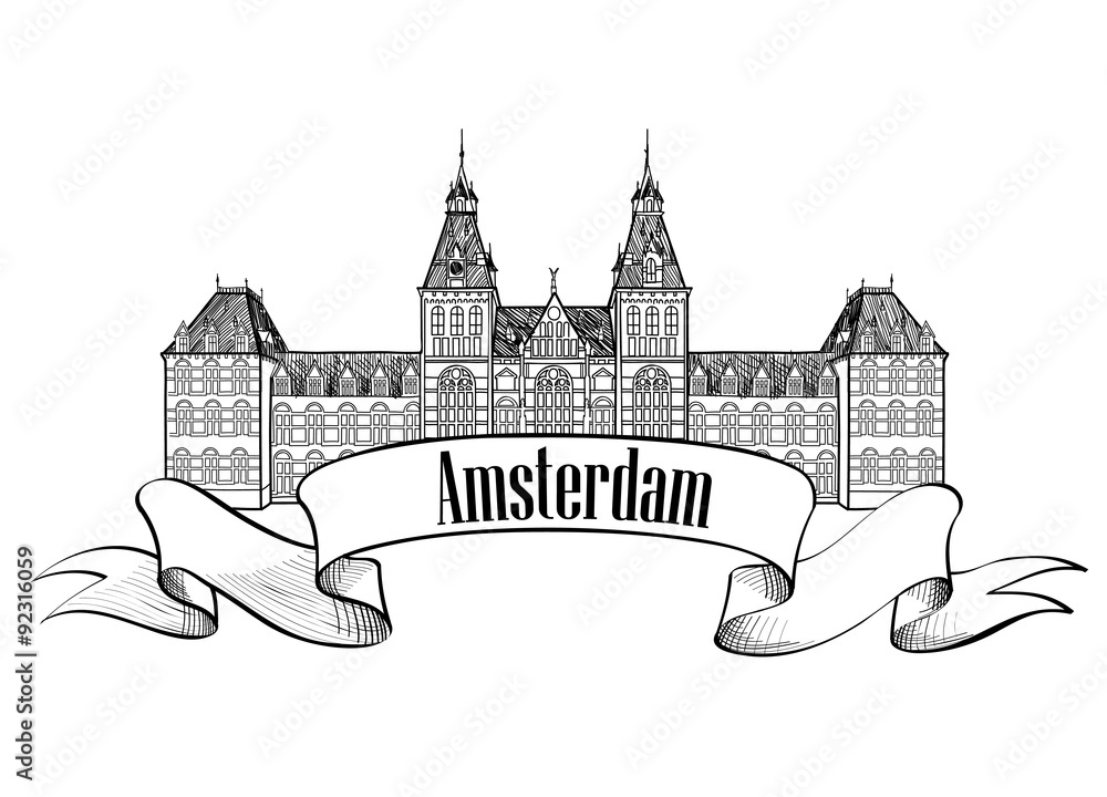 Obraz premium Amstradam landmark label. Visit Netherlands card. Famous architectural building sketch
