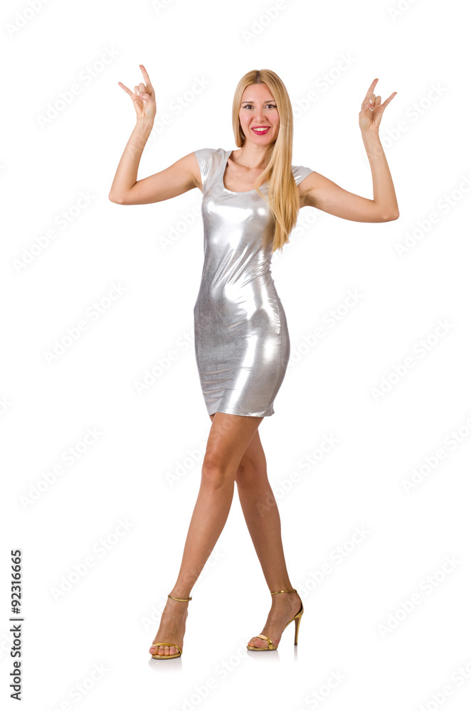 Young woman in silver dress isolated on white Young woman in silver dress isolated on white