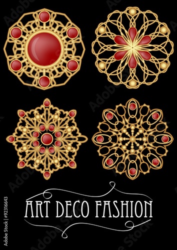Fototapet Set of gold filigree brooch with red gems garnets in art deco style