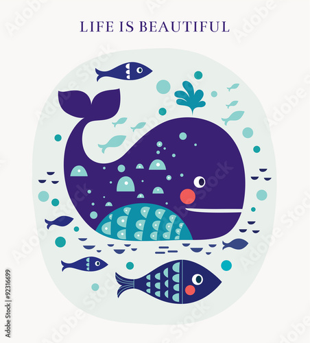 Cartoon vector illustration with whale and fish