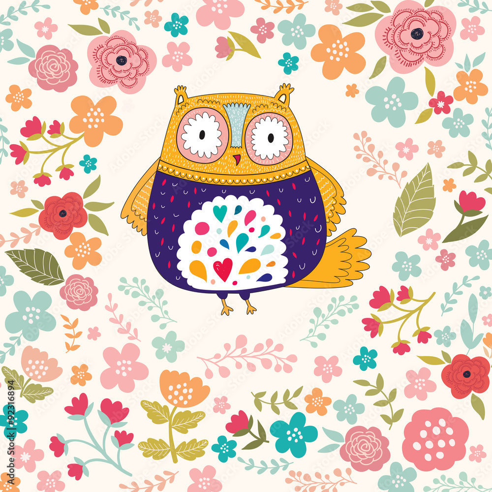 Fototapeta premium Funny owl and floral pattern