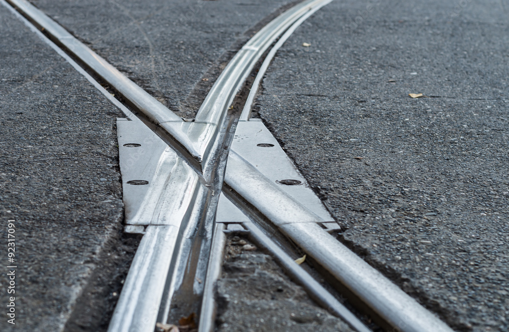 Detail of tramway crossing - Krakow, Poland. Detail of tramway crossing - Krakow, Poland.