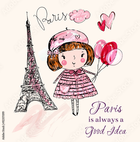 Vector hand drawn illustration with Eiffel tower. and little girl