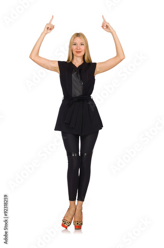 Pretty woman in tight black pants isolated on white