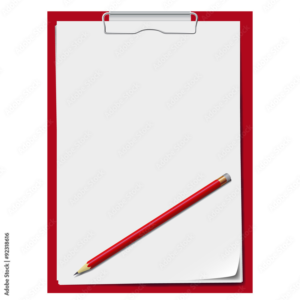 Red clipboard with a few sheets of paper and red pencil. Vecto Red clipboard with a few sheets of paper and red pencil. Vecto