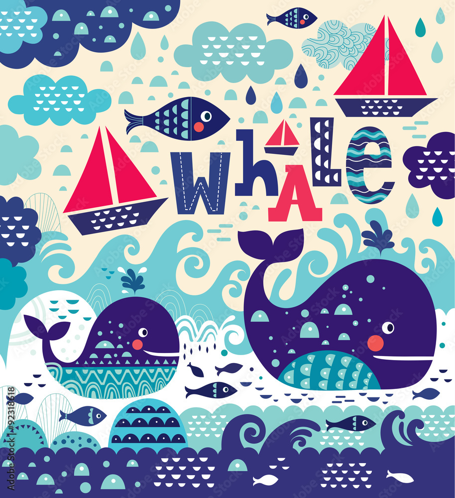 Obraz premium Cartoon vector illustration with whale and fish