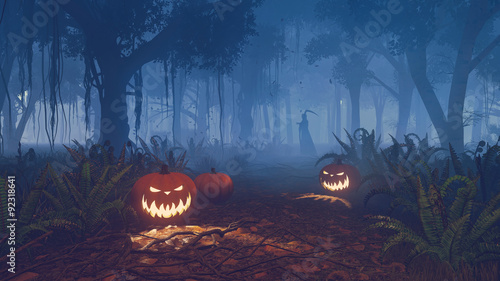 Canvastavla Misty night forest with Halloween pumpkins