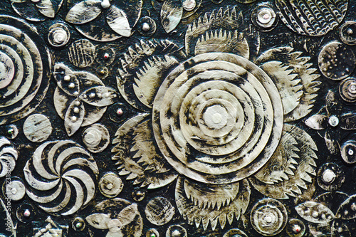 Flowers, abstract grunge surface, black and white composition made of paint layers. Unique technique painting. 3d, embossing and carving, Imitation of dirty surface. Highly textured background.