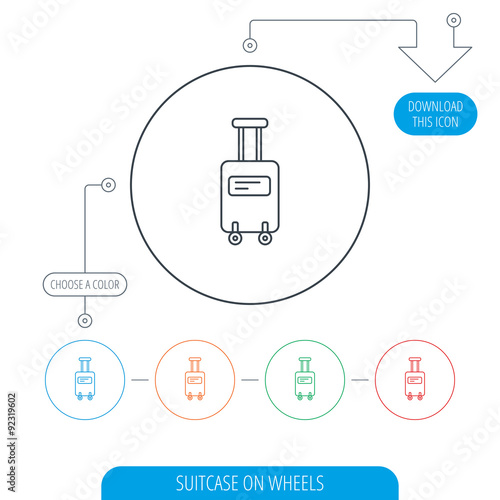 Suitcase with wheels icon. Travel baggage sign.