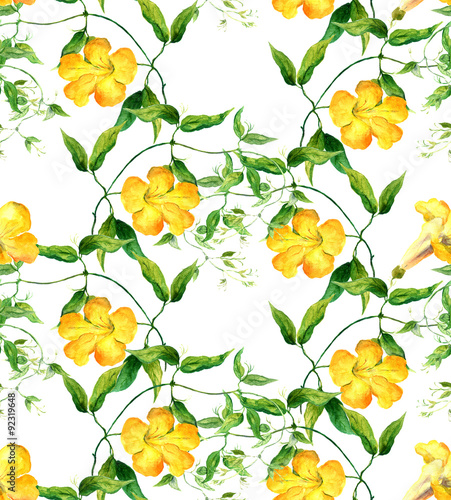 Yellow pattern with flowers. Repeating floral  watercolor 