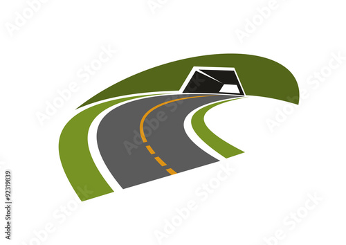 Road tunnel through green hill icon