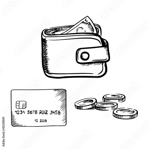 Credit card, wallet with money and coins sketch