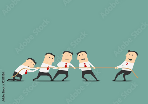 Businessman tug of war with group