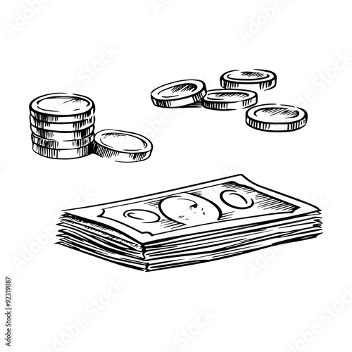 Coins and stacks of dollar bills sketches