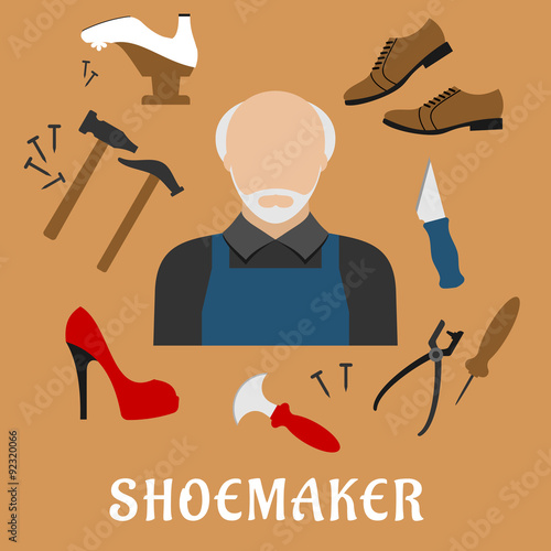 Shoemaker with shoes and tools, flat icons