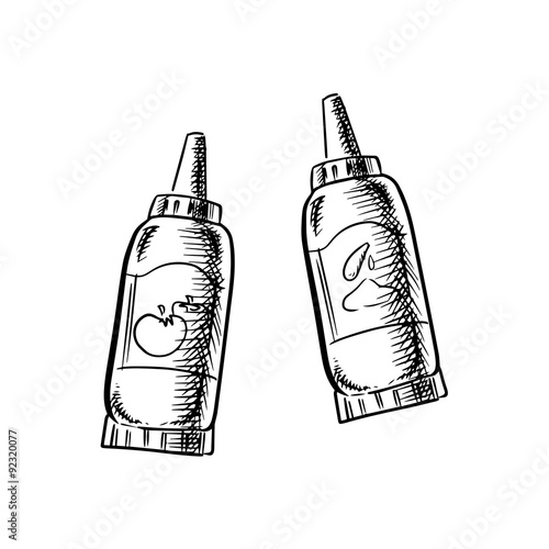 Ketchup and mustard bottles sketch icons