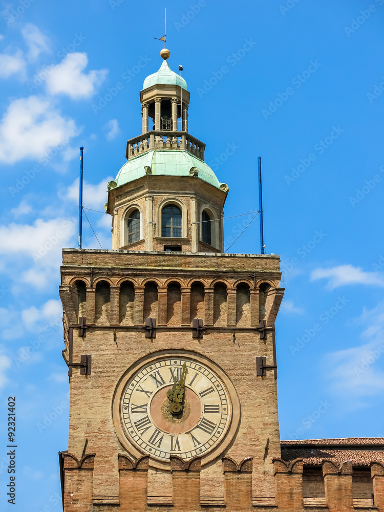 Clock tower of Palazzo d'Accursio town hall on Square Piazza Maggiore in Bologna, Emilia Romagna, Italy