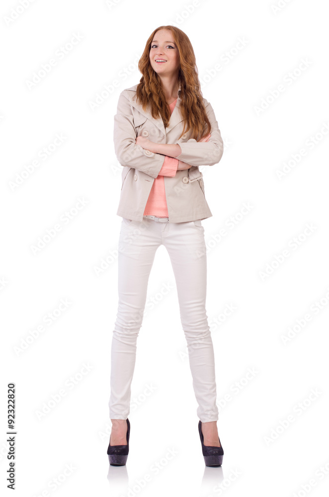 Cute smiling girl in light short coat isolated on white Cute smiling girl in light short coat isolated on white