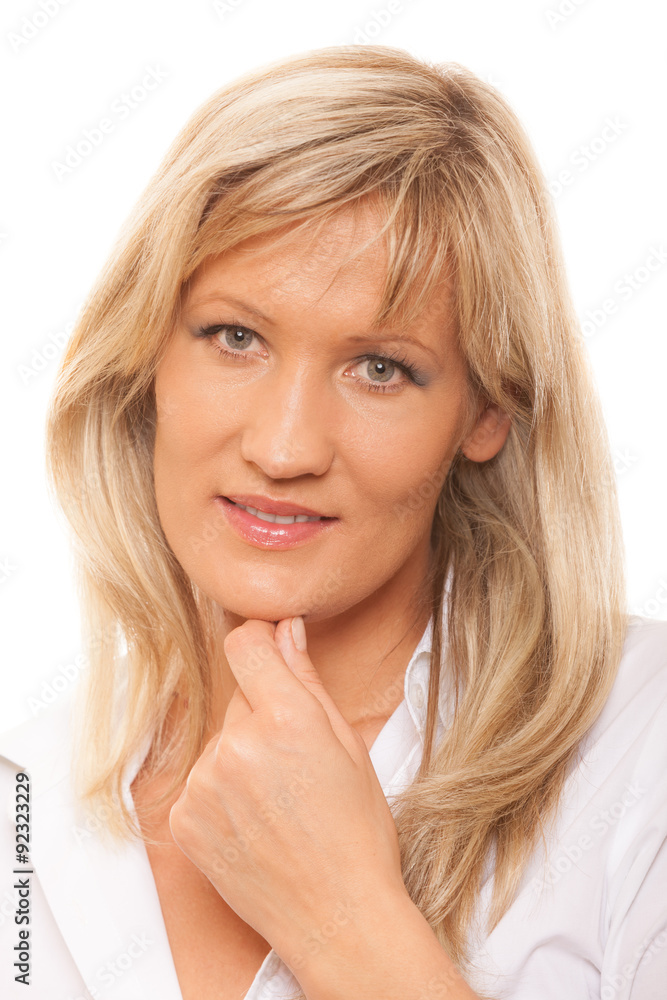 Portrait thoughtful pensive mature woman isolated Portrait thoughtful pensive mature woman isolated