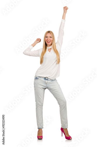 Pretty woman in blue jeans isolated on white