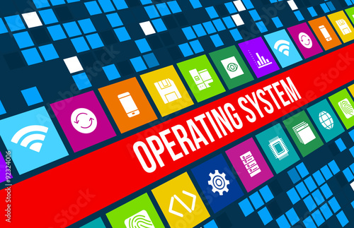 Operating system concept image with technology icons and copyspace photo