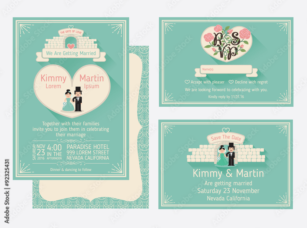 Wedding Invitation Design With The Gate Of Love And The Walls. Save the date and RSVP card template design. vector illustration