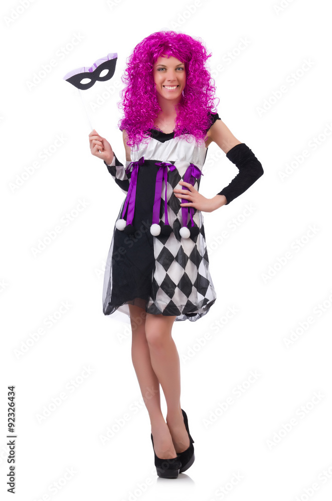 Pretty girl in jester costume isolated on white Pretty girl in jester costume isolated on white