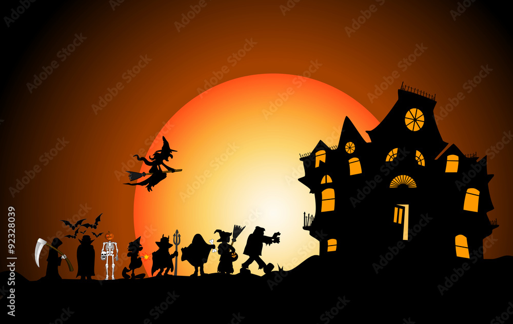halloween walk on sky and moon with haunted house