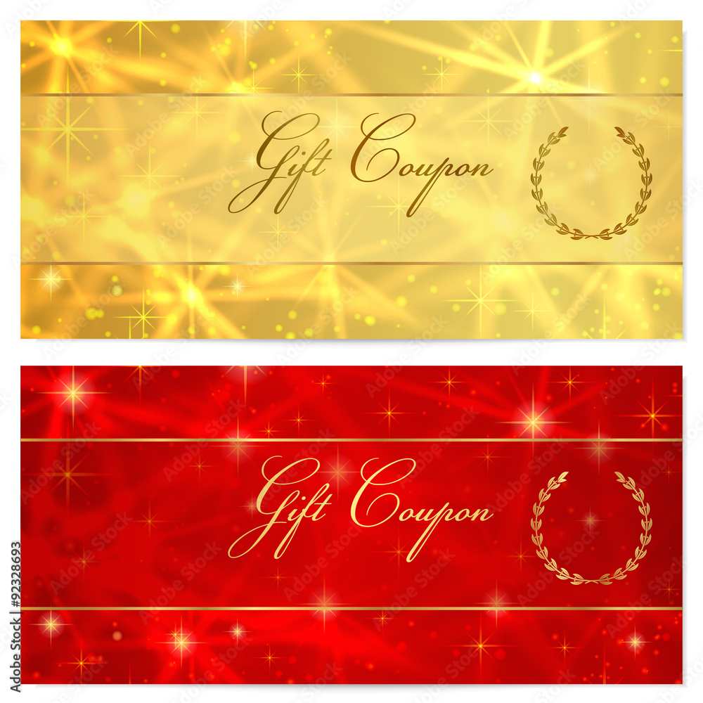 Gift certificate, Voucher, Coupon, Reward or Gift card template with sparkling, twinkling stars texture (pattern). Red, gold background design for gift banknote, check, gift money bonus, ticket, flyer