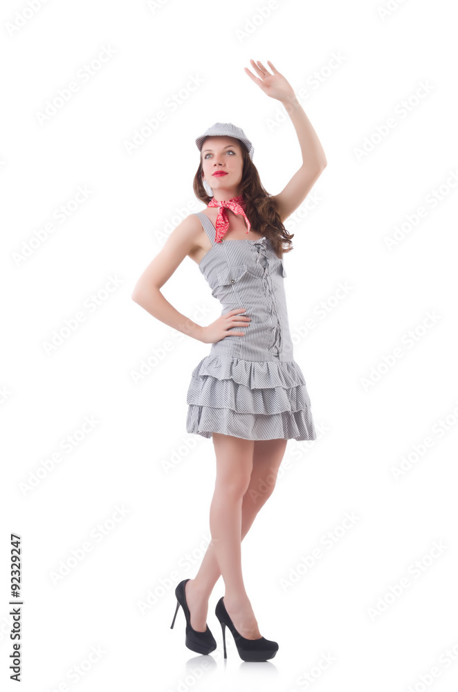 Young woman in gray striped dress isolated on white Young woman in gray striped dress isolated on white