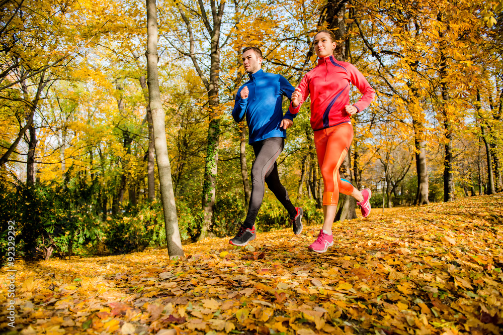 Fototapeta premium Friends jogging in autumn nature