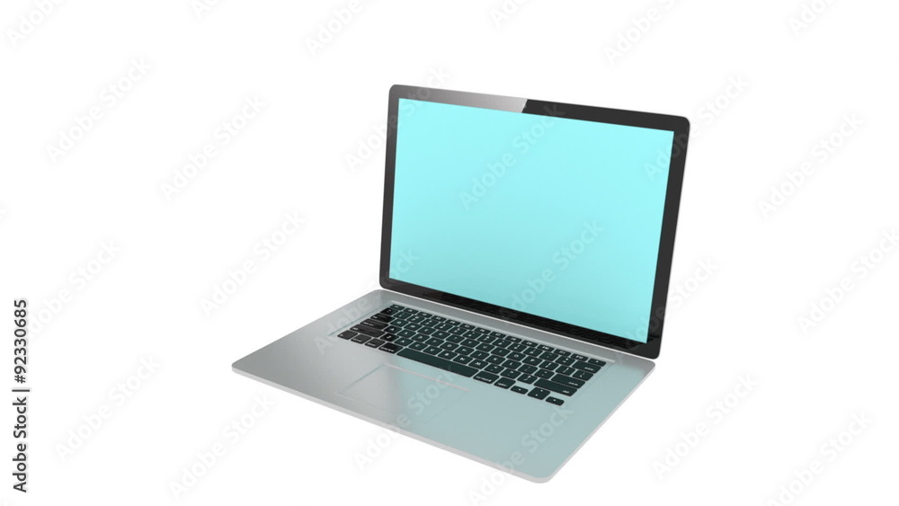 isolated laptop with blue screen, rotation and open isolated laptop with blue screen, rotation and open