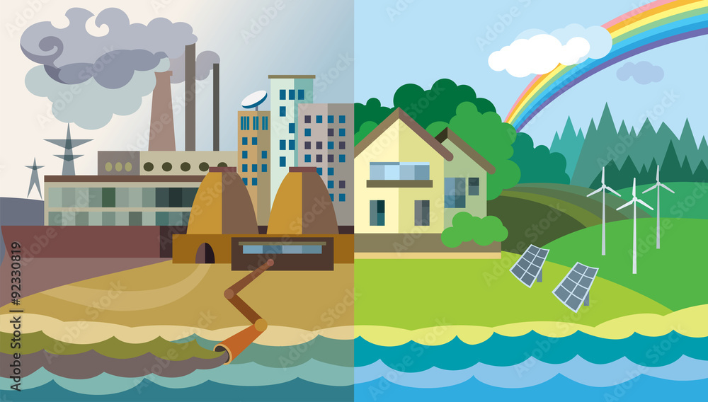 Flat design vector concept illustration: urban and village landscape. Environmental pollution and environment protection