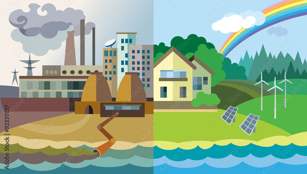 Flat design vector concept illustration: urban and village landscape. Environmental pollution and environment protection Flat design vector concept illustration: urban and village landscape. Environmental pollution and environment protection