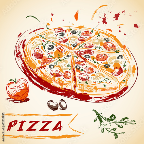 Vintage hand drawn Italian tasty sliced pizza. Vector illustration.