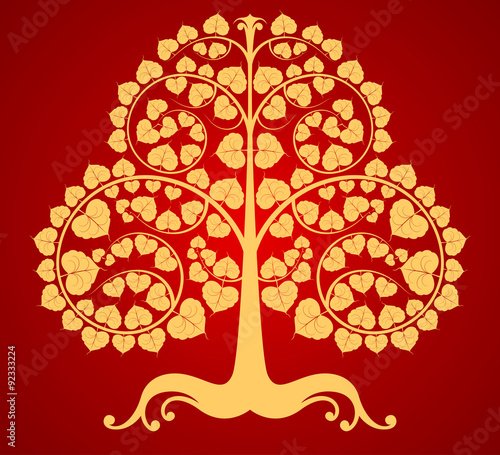 Gold Bodhi trees on a red background