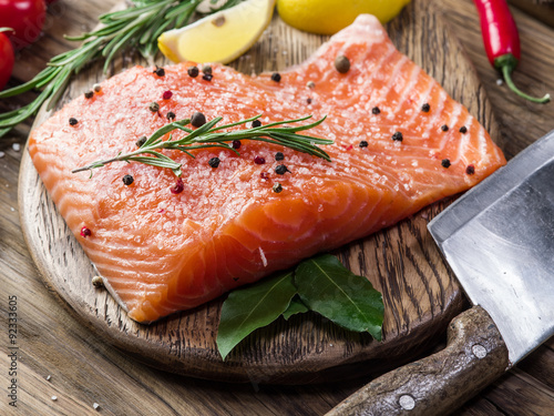 Fresh salmon on the cutting board.