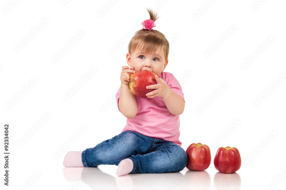 Cute little girl with red apples, isolated on white Cute little girl with red apples, isolated on white