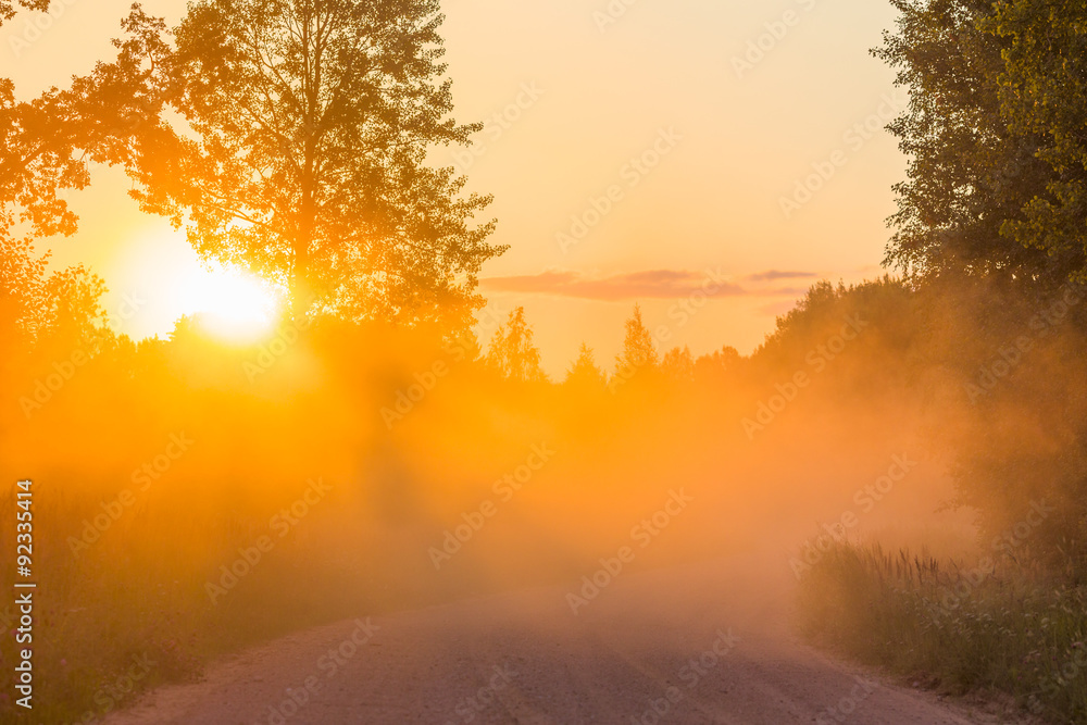 Misty dawn with sunbeams dusty road sunset rays forest