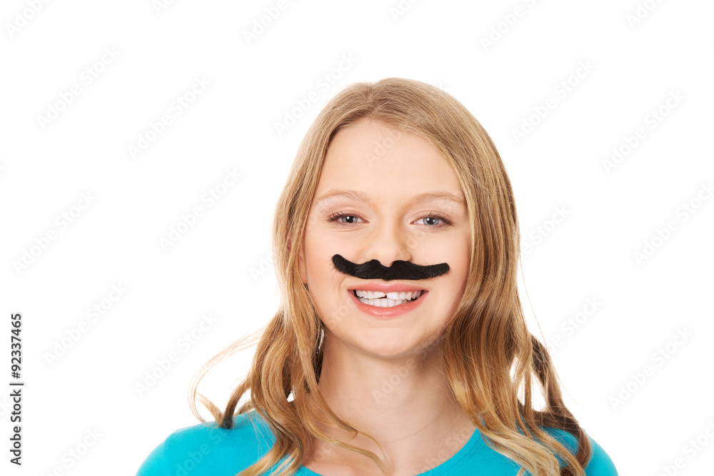 Happy young woman with a moustache Happy young woman with a moustache