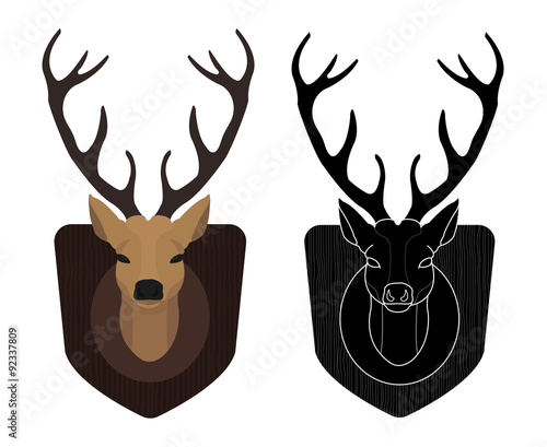Hunting trophy. Stuffed taxidermy deer head. Color, silhouette