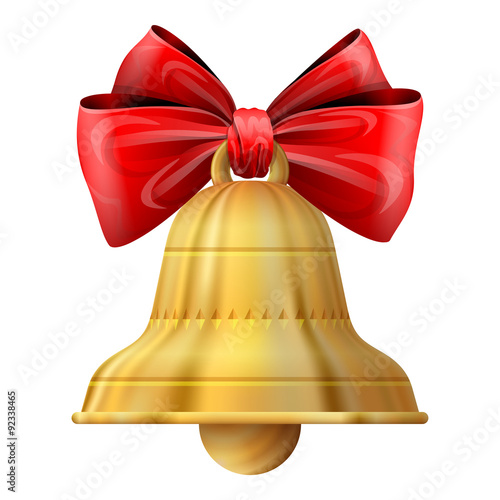 Christmas bell isolated on white. Golden jingle bell with bow