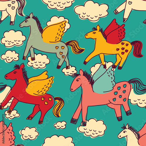 Horses and clouds color seamless pattern