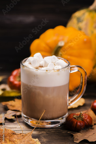 Pumpkin latte with marshmallows. Selective focus